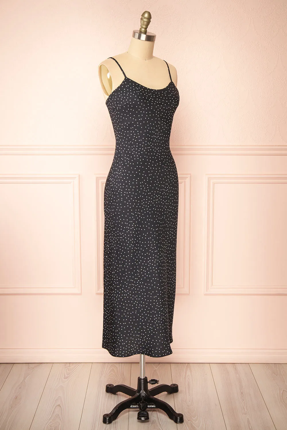 Rebby Polka Dot Black | Silky Fitted Midi Dress