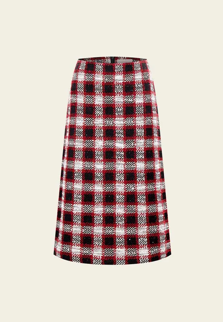 Red Plaid Tweed Midi Skirt