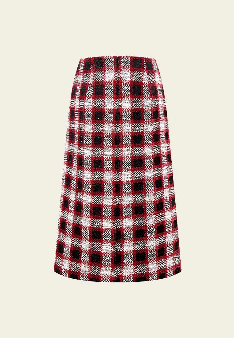 Red Plaid Tweed Midi Skirt