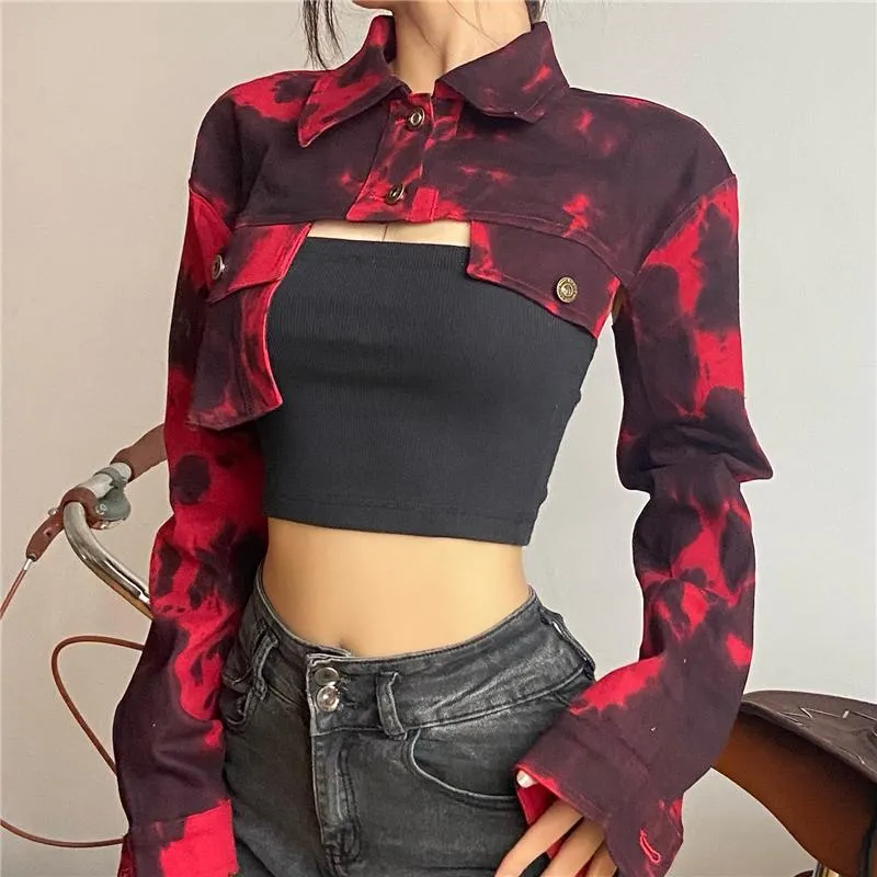 Red Tie Dye Irregular Pockets Cropped Denim Jacket