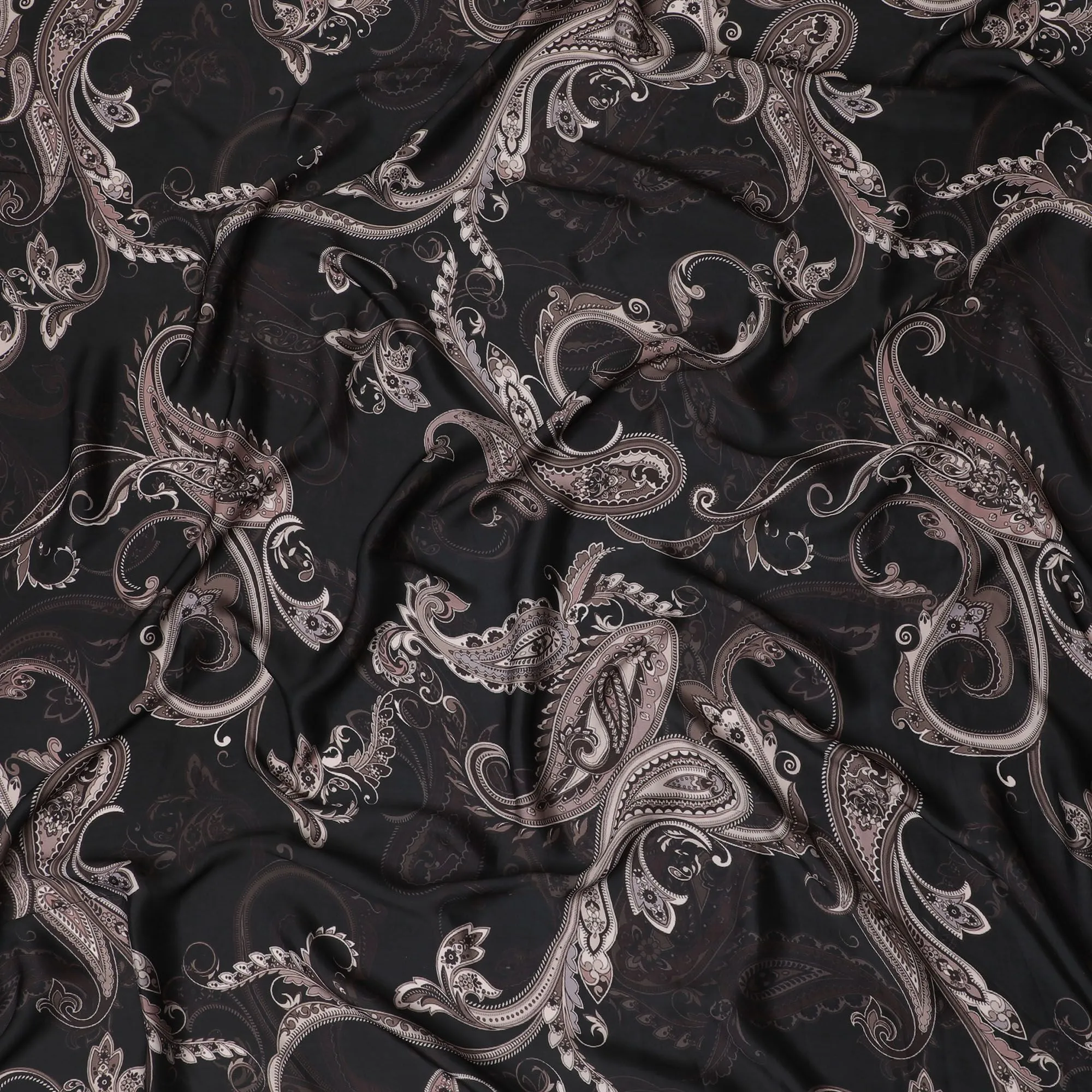 Regal Paisley Synthetic Modal Satin Fabric - Classic Black Elegance, 110cm - Buy Online-D17985