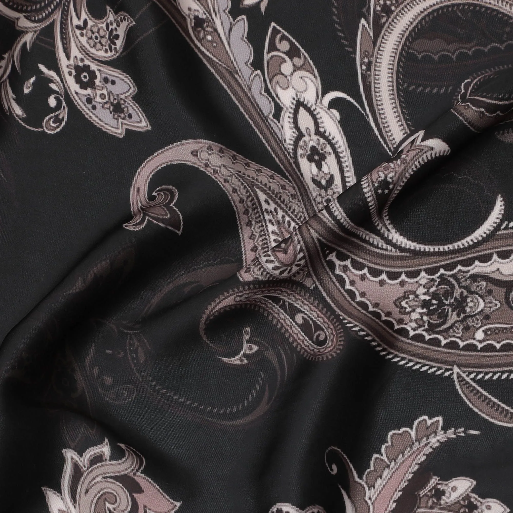 Regal Paisley Synthetic Modal Satin Fabric - Classic Black Elegance, 110cm - Buy Online-D17985