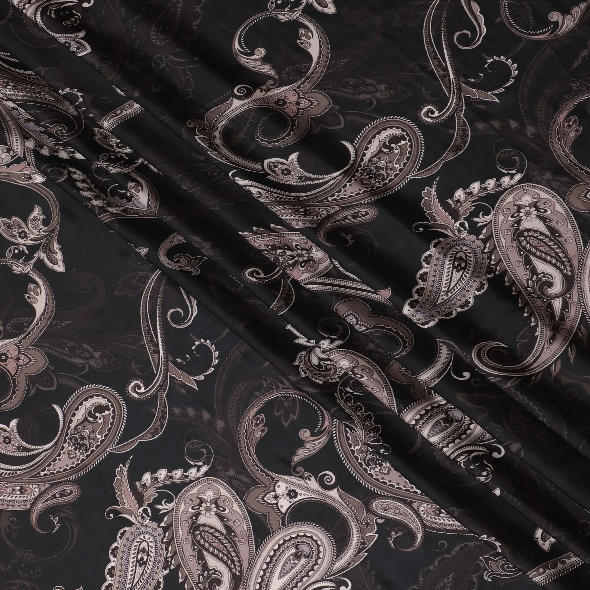 Regal Paisley Synthetic Modal Satin Fabric - Classic Black Elegance, 110cm - Buy Online-D17985