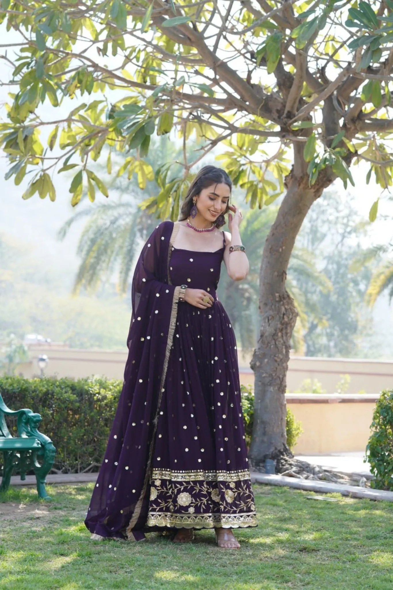 Round Neck Designer Readymade Embroidered Work Gown