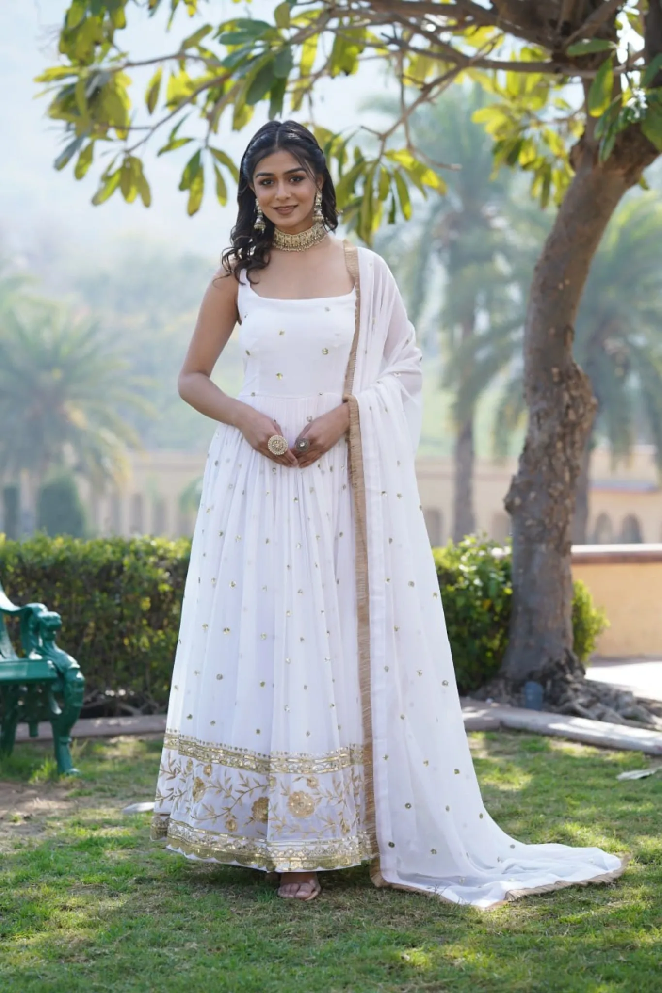 Round Neck Designer Readymade Embroidered Work Gown