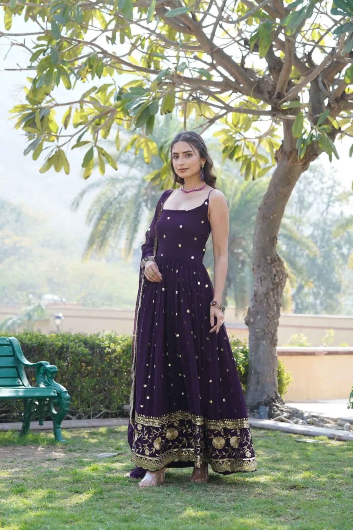 Round Neck Designer Readymade Embroidered Work Gown