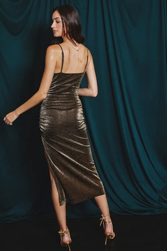 Ruched Metallic Side Slit Dress