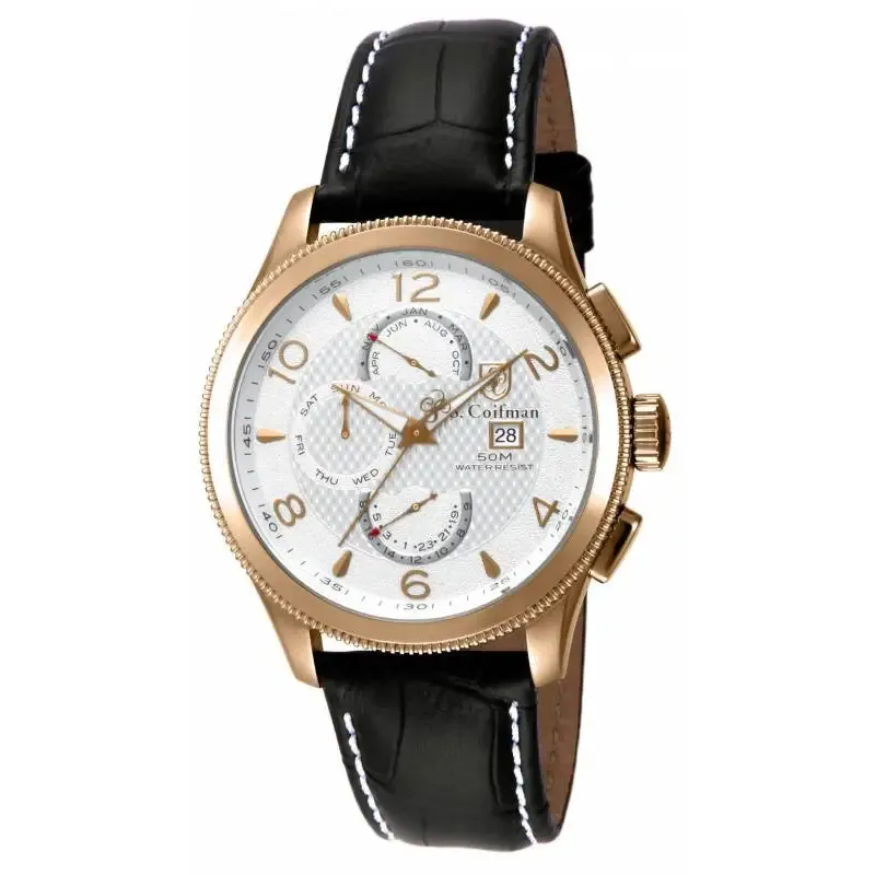 S. Coifman Chronograph Quartz Rose Gold Plated Case Black Leather Watch SC0109