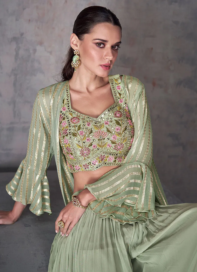 Sage Green Multi Embroidery Cape Style Palazzo Set