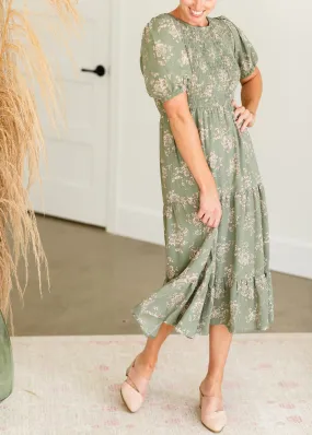 Sage Smocked Tiered Midi Dress - FINAL SALE