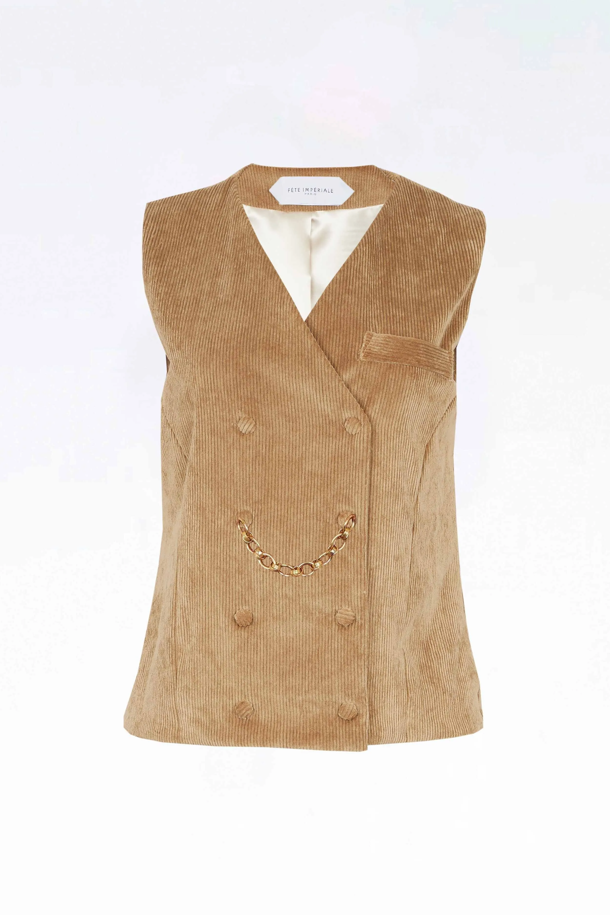 SAN LORENZO - Gilet sans manche double boutonnage avec chainette en velours côtelé beige