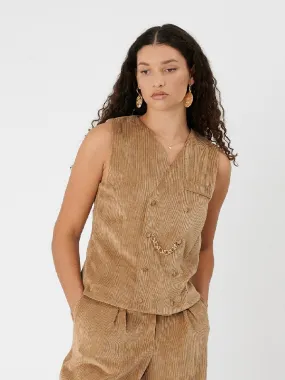 SAN LORENZO - Gilet sans manche double boutonnage avec chainette en velours côtelé beige