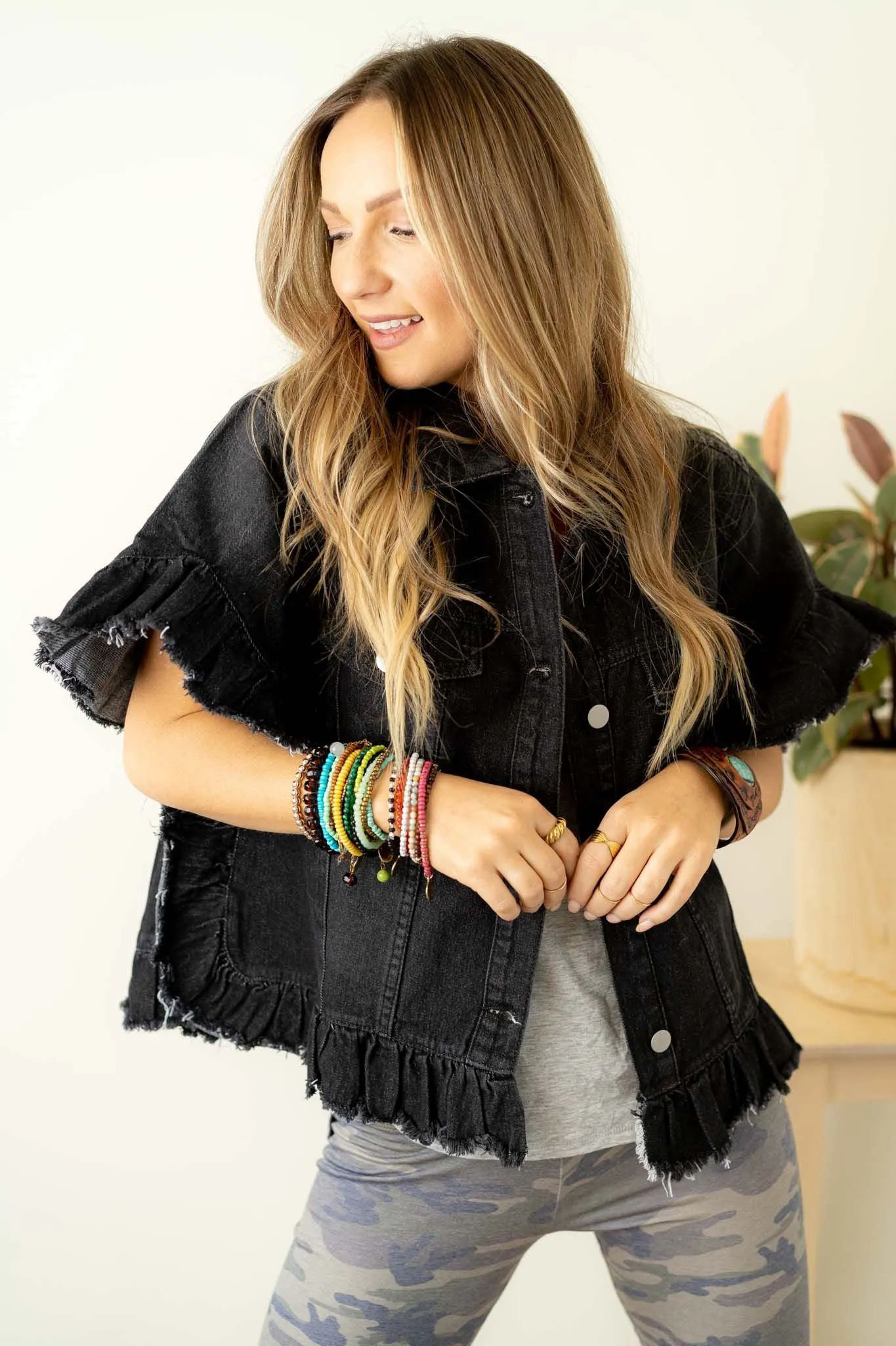 Scottie Ruffle Denim Jacket - Black