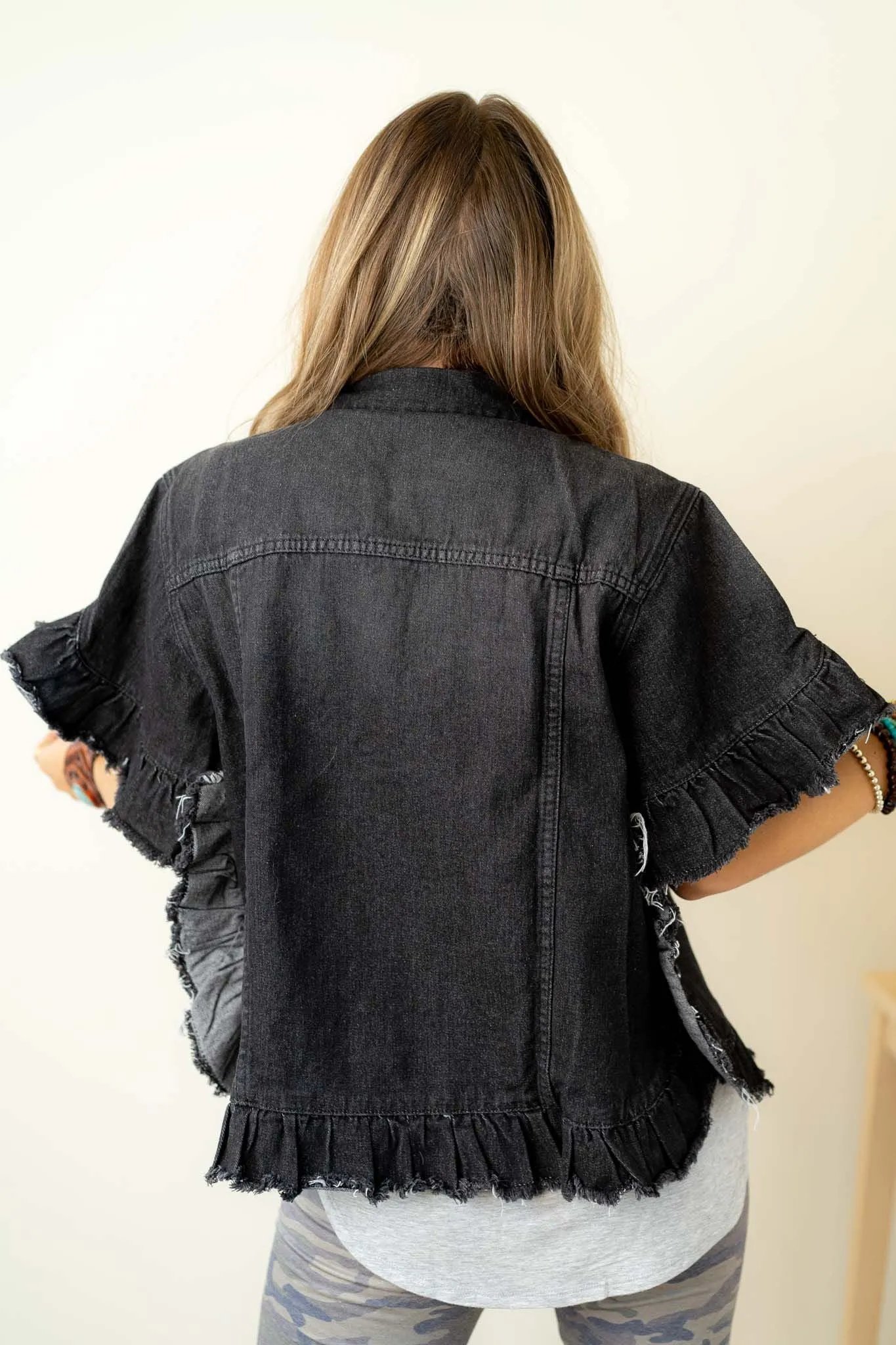 Scottie Ruffle Denim Jacket - Black