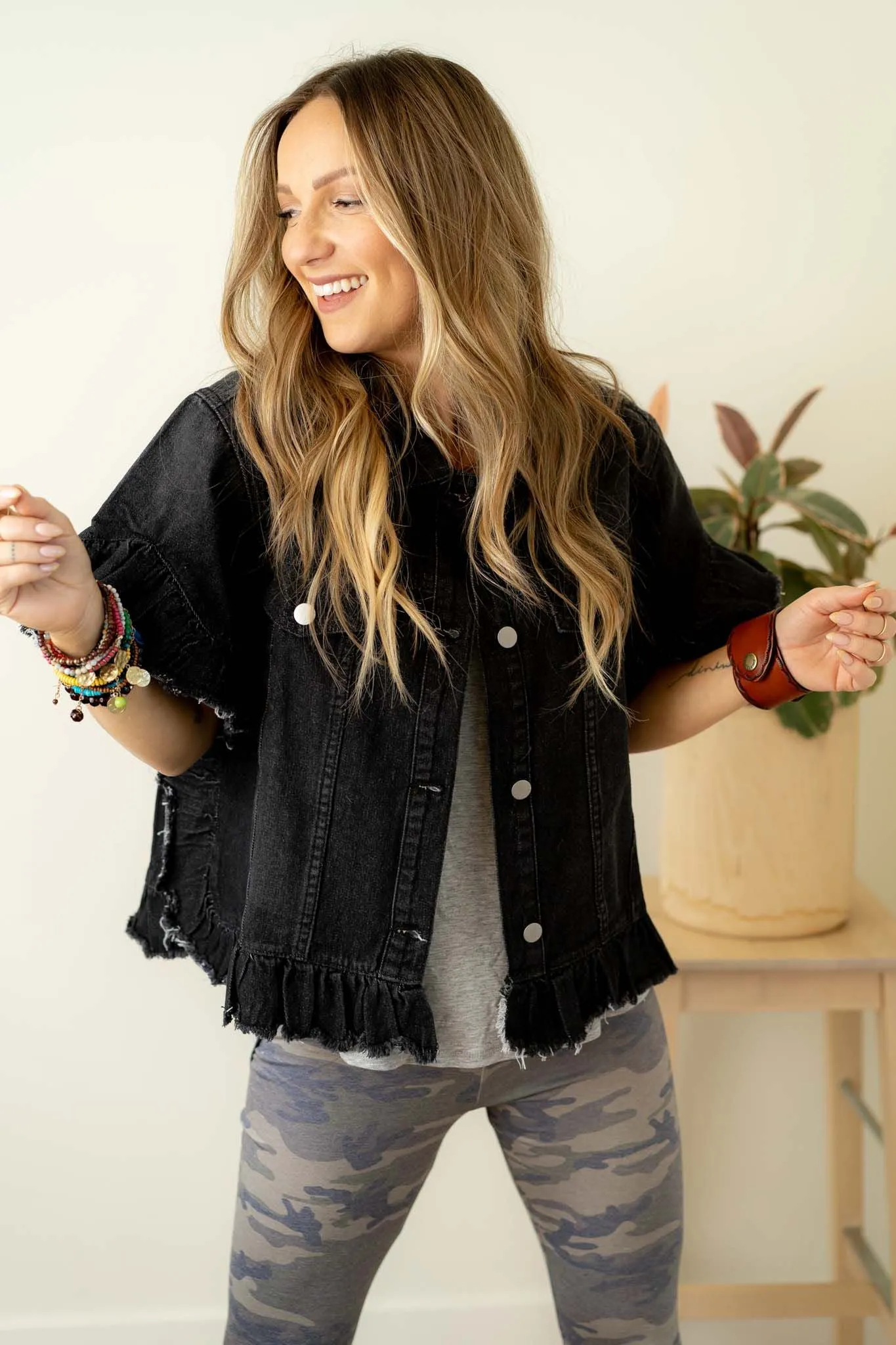 Scottie Ruffle Denim Jacket - Black