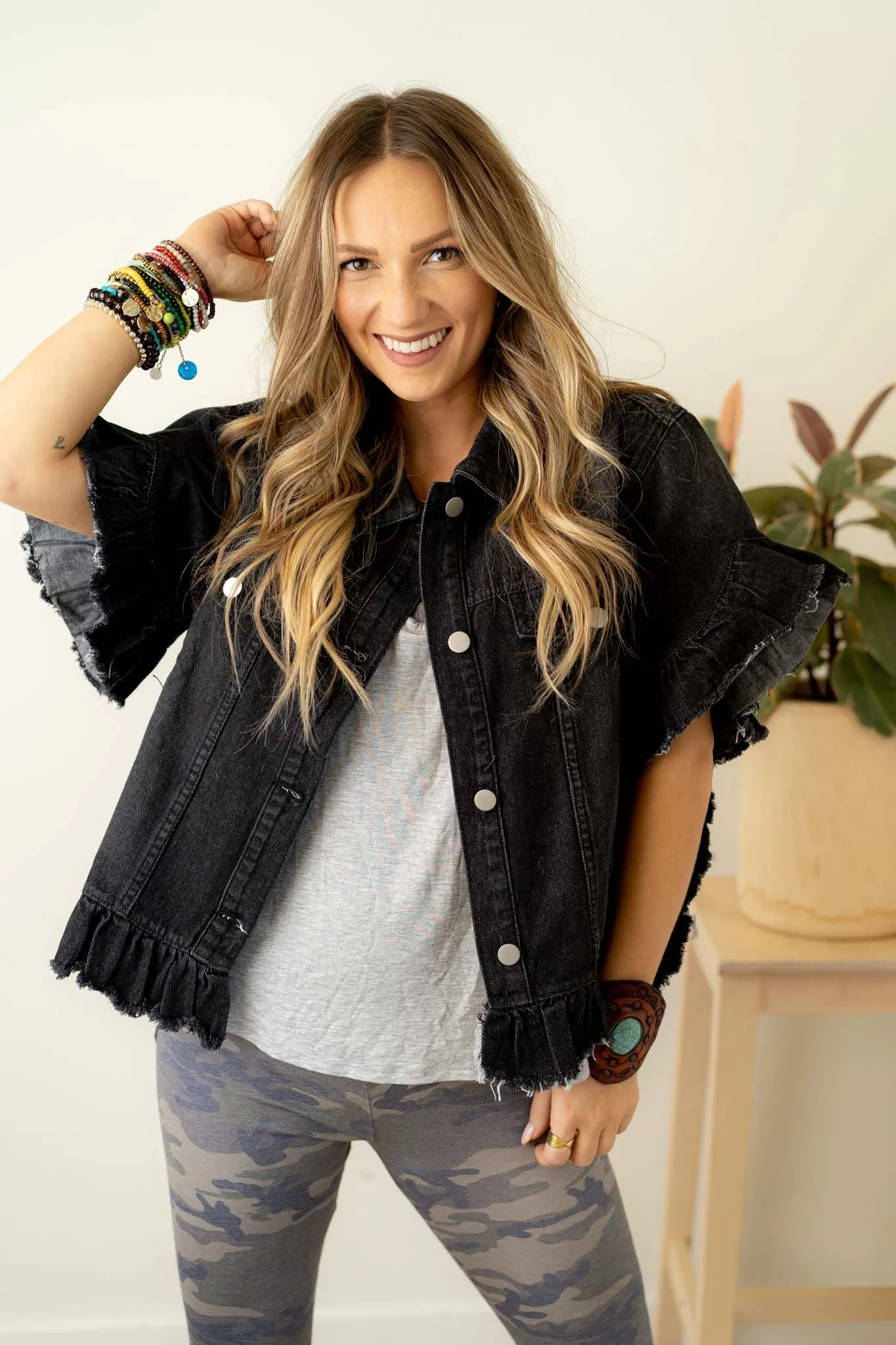 Scottie Ruffle Denim Jacket - Black