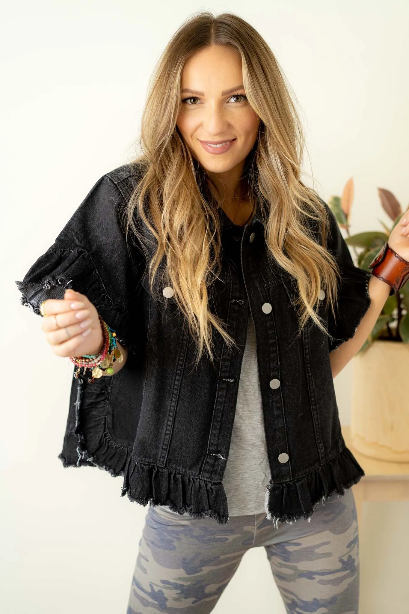 Scottie Ruffle Denim Jacket - Black