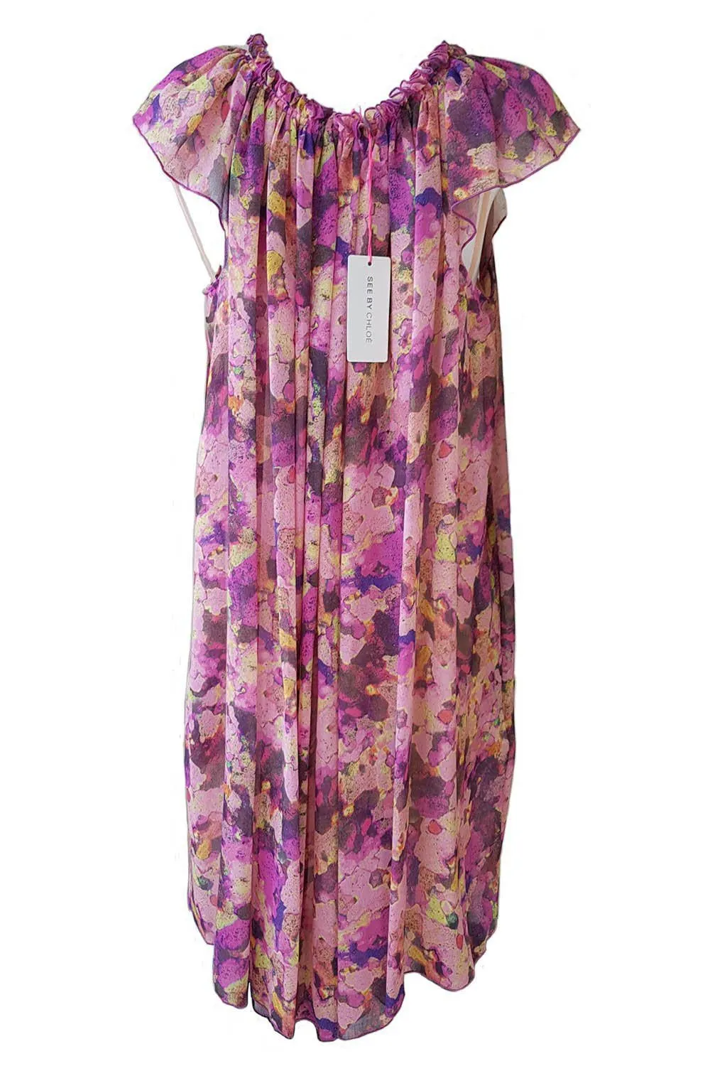 SEE BY CHLOÉ Pink Chiffon Floral Print Kaftan Midi Dress (UK 12)