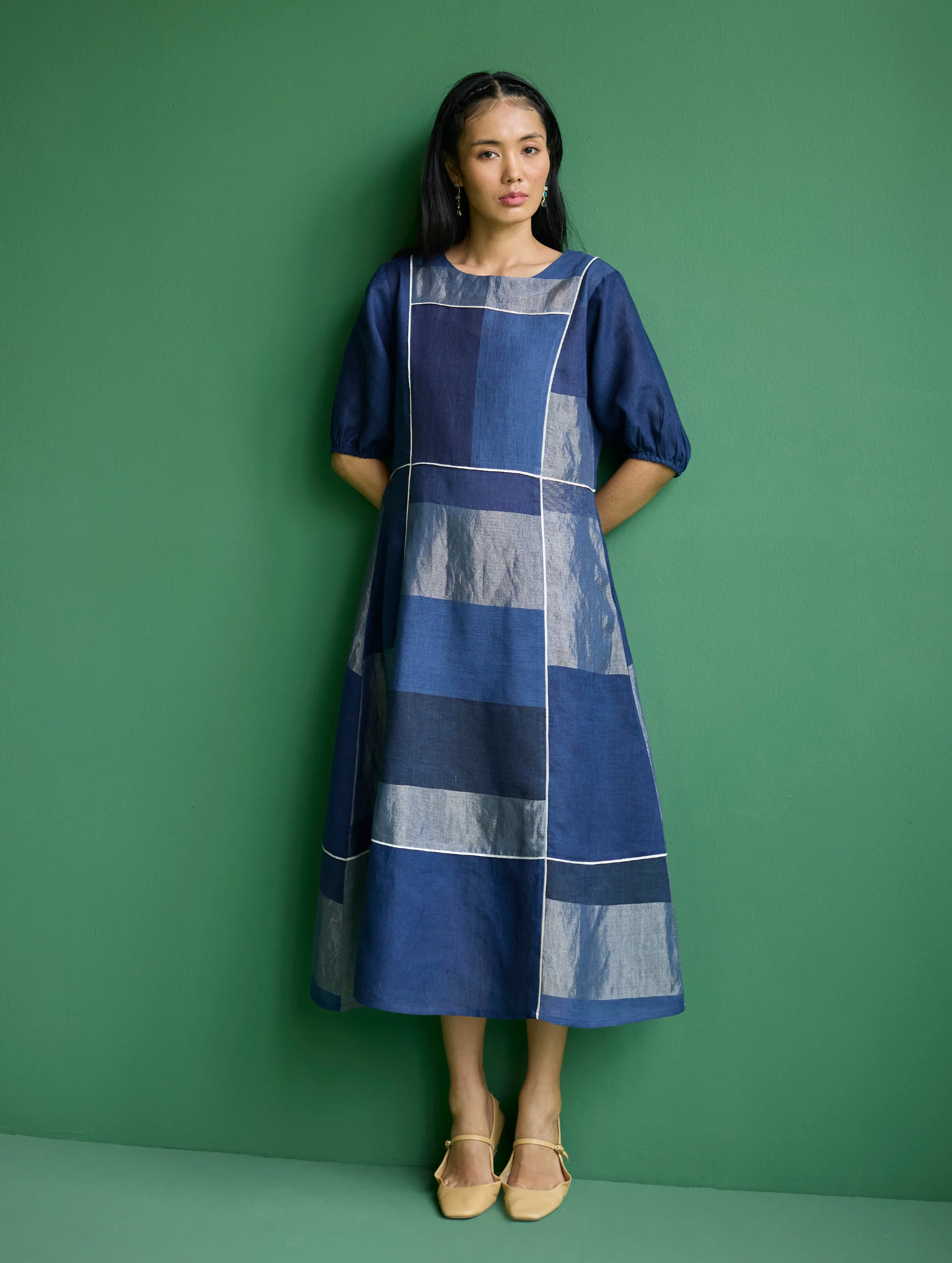 Sehr Metallic Linen Piping Dress - Navy