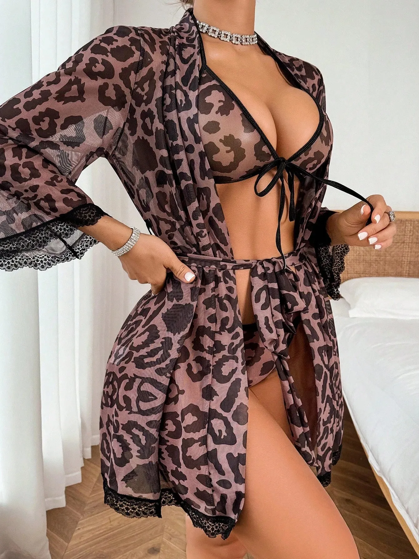 SHEIN 4pcs Leopard Mesh Sexy Lingerie Set For Women