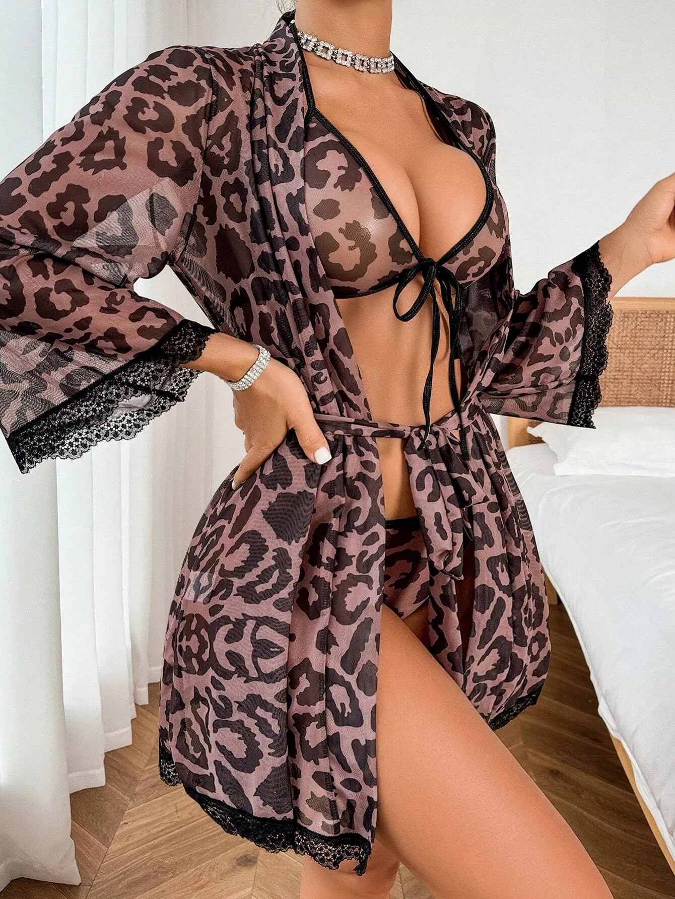 SHEIN 4pcs Leopard Mesh Sexy Lingerie Set For Women