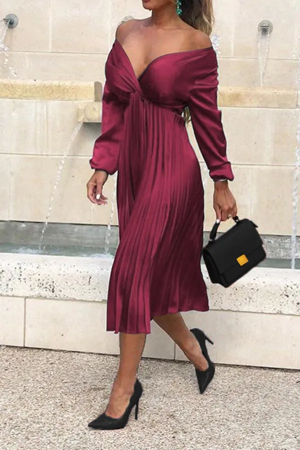 Solid Sexy Ruched V-neck Midi Dress