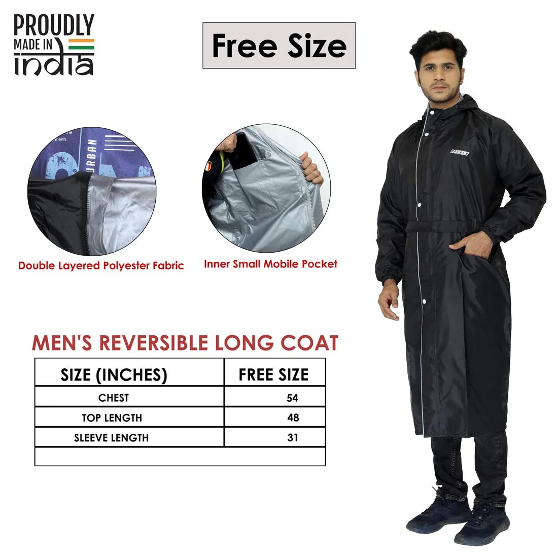 STRAUSS THE CLOWNFISH Polyester Reversible Use Unisex Waterproof Long Coat Raincoat For Men&Women With Adjustable Hood And Reflector At Back For Night Visibility Opener Series(Mehendi-Free Size)