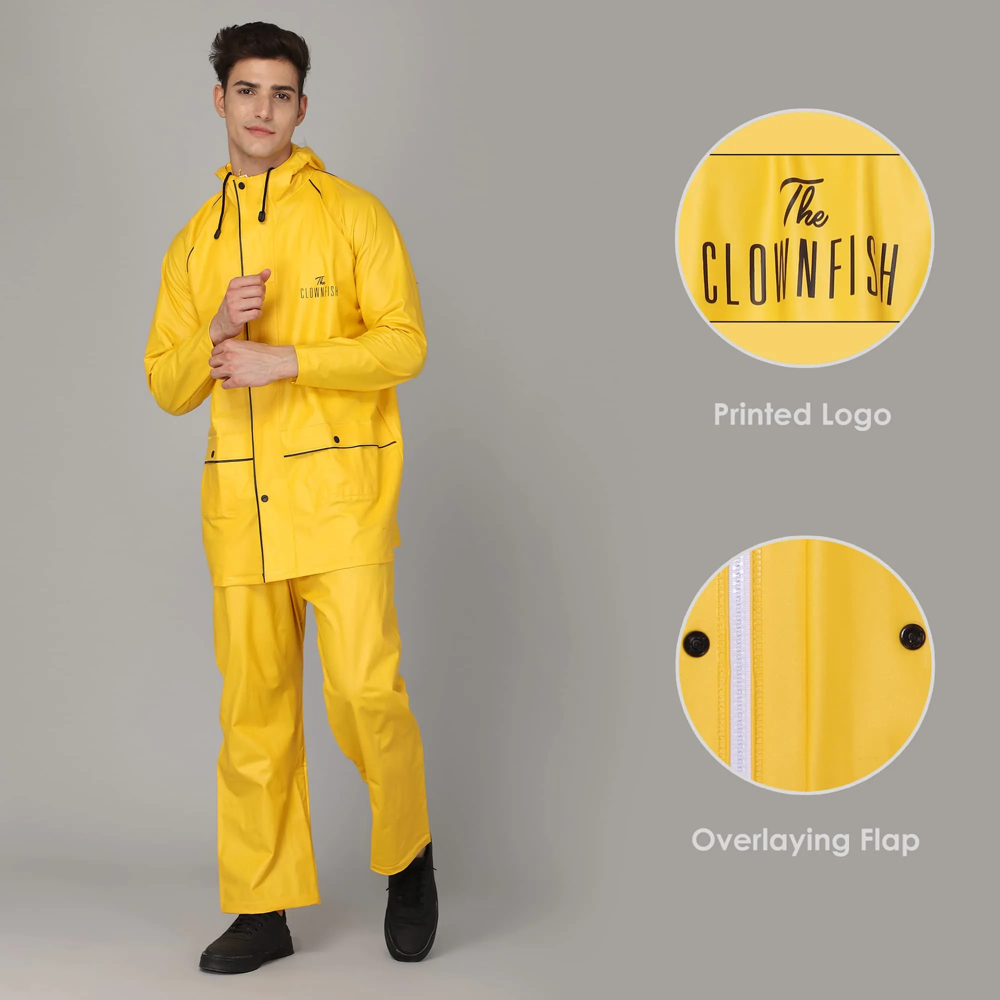 STRAUSS THE CLOWNFISH Roberto Series PVC Rain Coat for Men Waterproof for Bike with Hood Raincoat for Men. Set of Top &Bottom Packed in a matching Storage Bag (Yellow with black piping, XXX-Large)