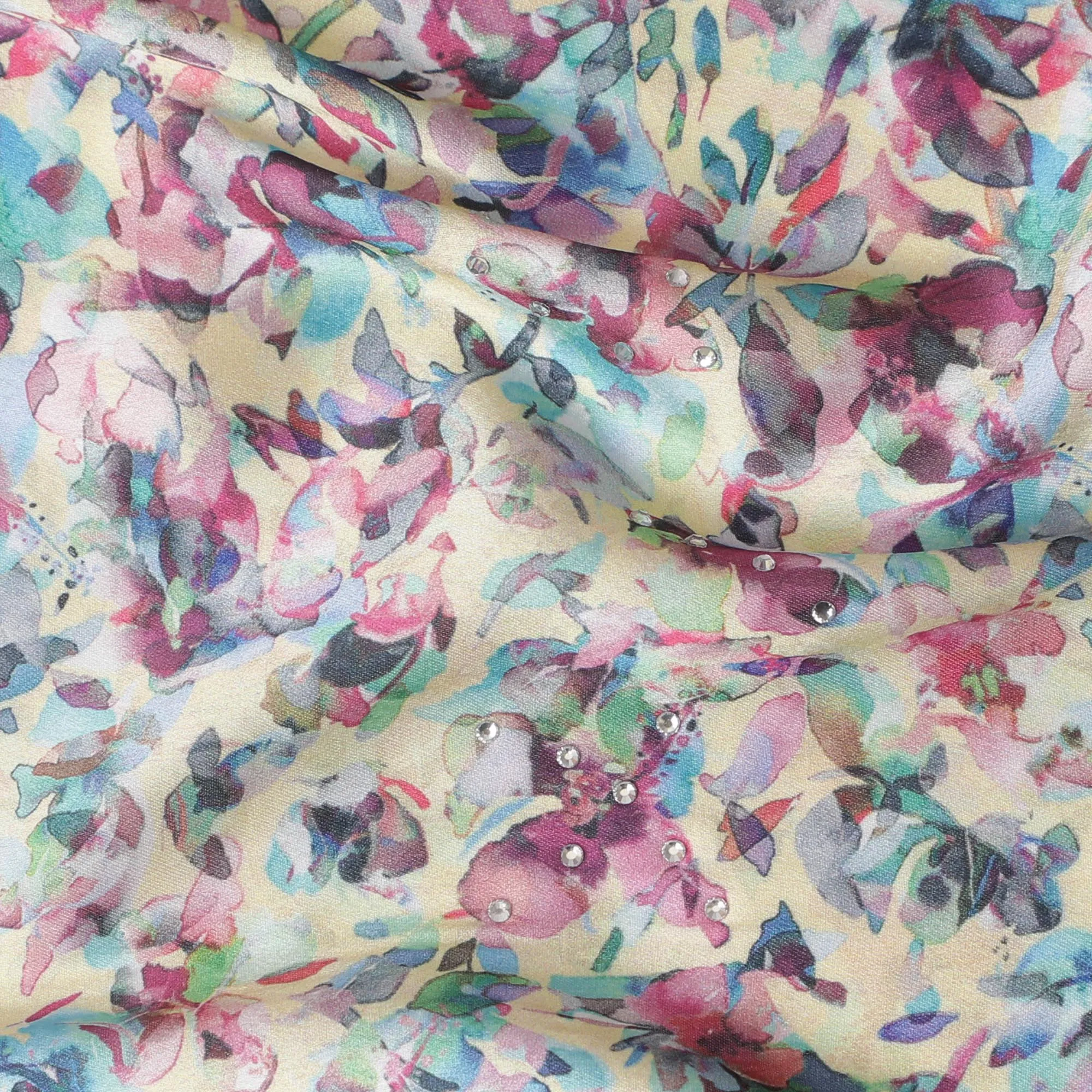 Synthetic Modal Satin Fabric with Stone Work, Pastel Abstract Floral Design, Cream, 110 cm Width-20032