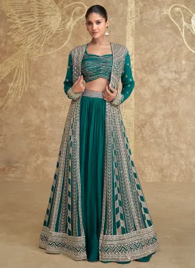 Teal Green Embroidery Festive Jacket Style Lehenga