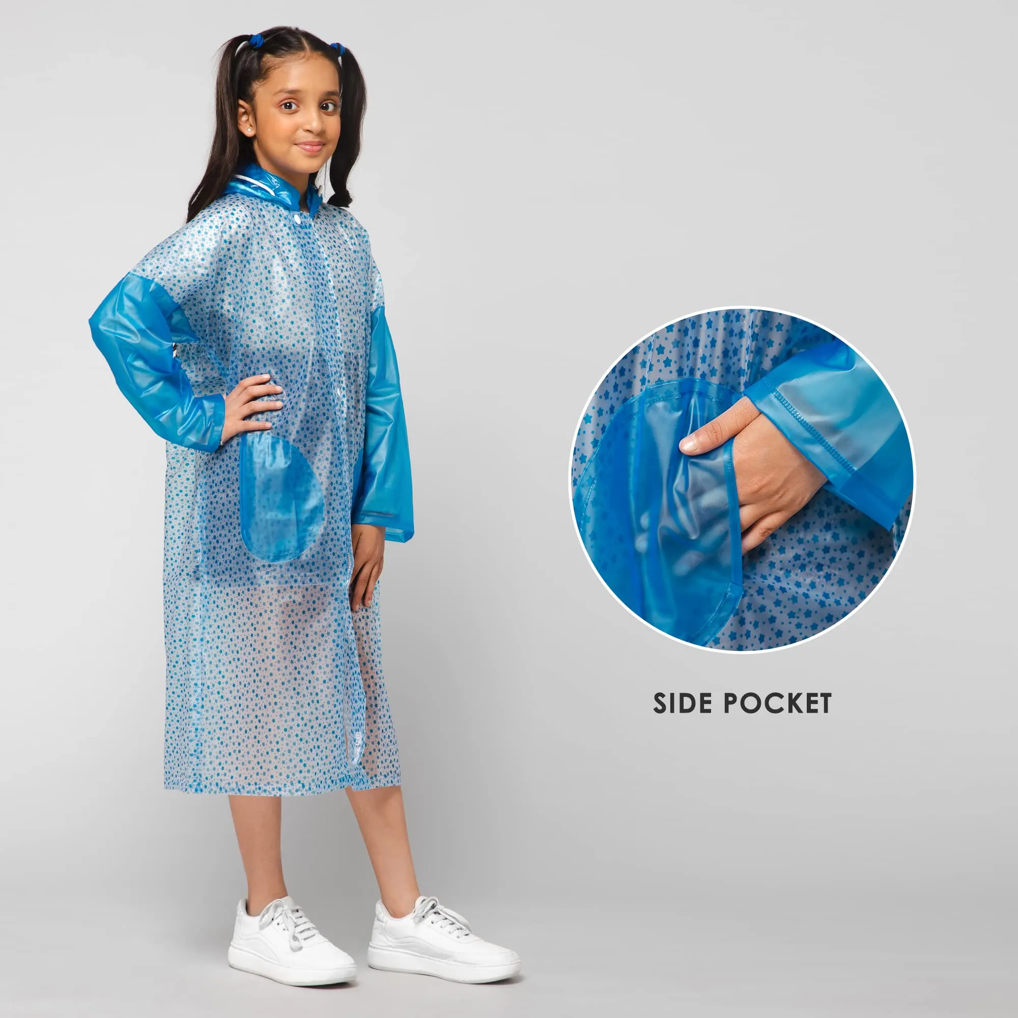 THE CLOWNFISH Drench Dew Series Unisex Kids Waterproof Single Layer PVC Longcoat/Raincoat with Adjustable Hood. Age-5-6 Years (Sky Blue)