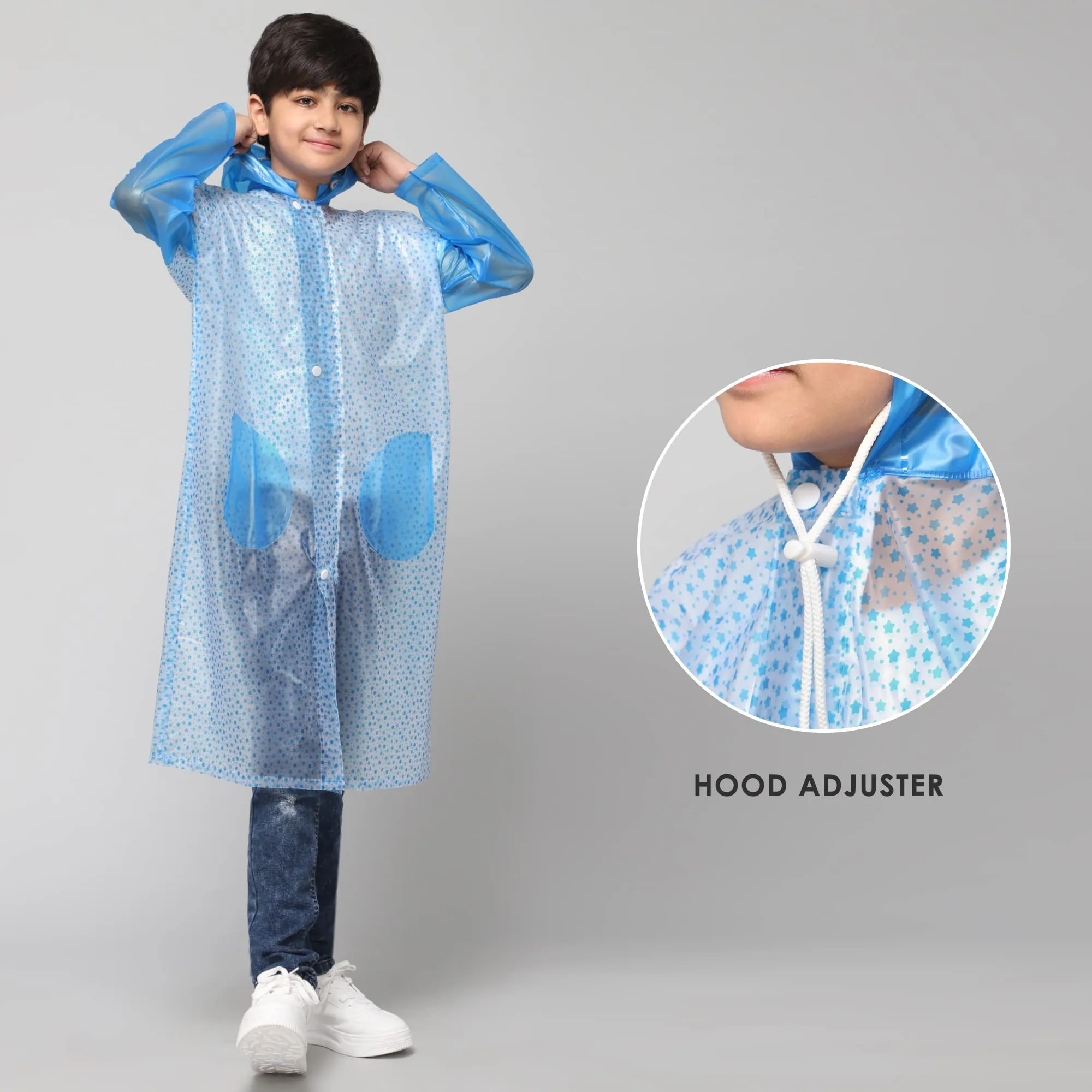 THE CLOWNFISH Drench Dew Series Unisex Kids Waterproof Single Layer PVC Longcoat/Raincoat with Adjustable Hood. Age-5-6 Years (Sky Blue)