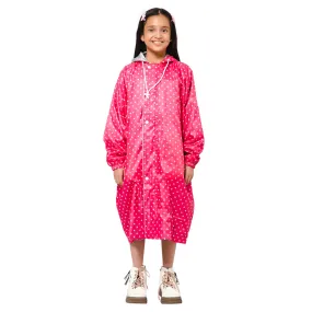 The Clownfish Drizzle Dot Series Kids Raincoat Waterproof Polyester Double Coating Reversible Longcoat with Hood and Reflector Logo at Back. Printed Plastic Pouch. Kid Age-13-14 years (Bubblegum Pink)