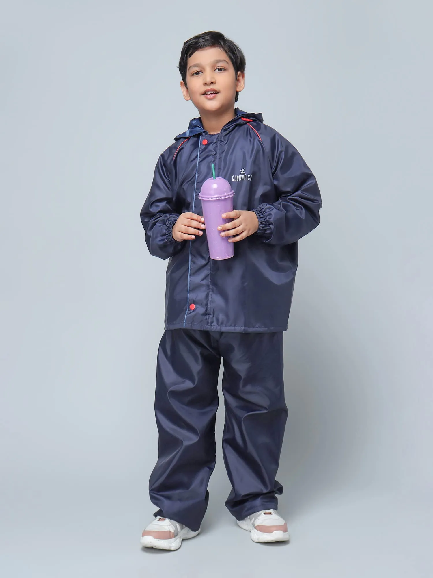 THE CLOWNFISH Duke Series Kids Waterproof Polyester Double Coating Reversible Raincoat with Hood and Reflector Logo at Back. Set of Top and Bottom. Printed Plastic Pouch. Kid Age-11-13 years (Blue)