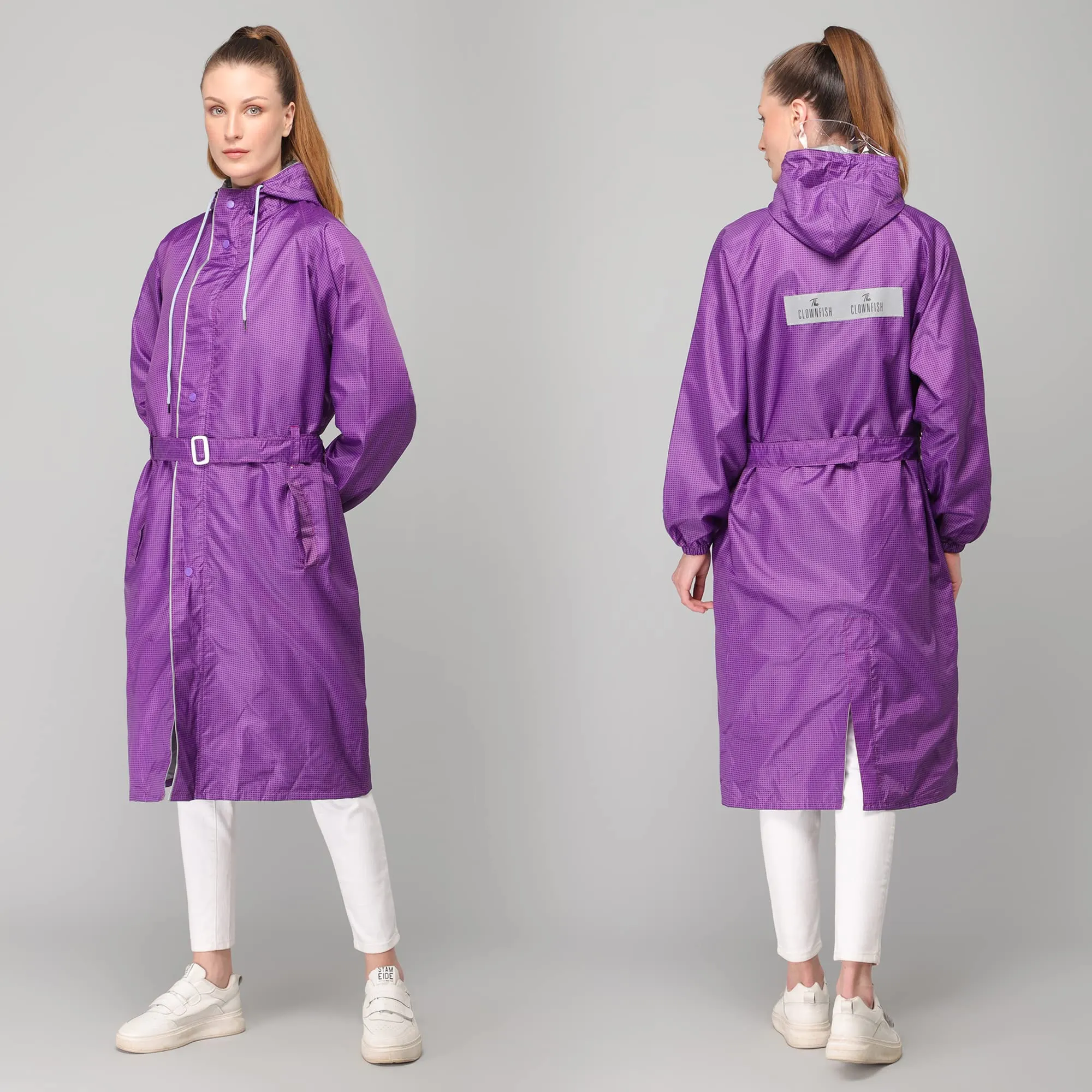 THE CLOWNFISH Dynamic Series Women's Waterproof Polyester Reversible Raincoat/Longcoat with Hood and Reflector Logo at Back for Night Visibility -with Storage Bag (Navy Blue, XL)