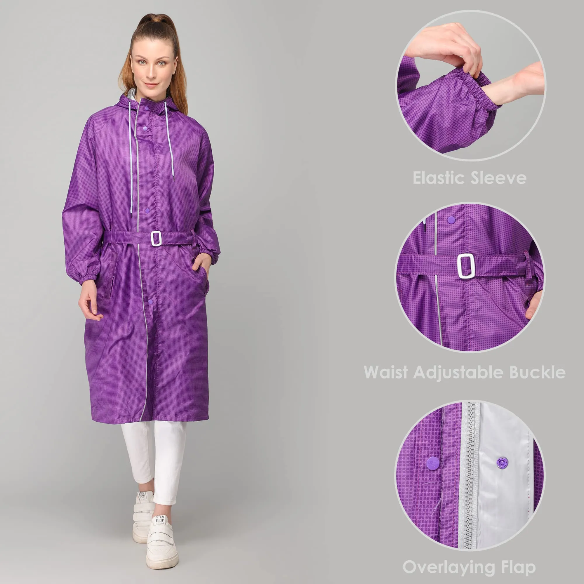 THE CLOWNFISH Dynamic Series Women's Waterproof Polyester Reversible Raincoat/Longcoat with Hood and Reflector Logo at Back for Night Visibility -with Storage Bag (Navy Blue, XL)