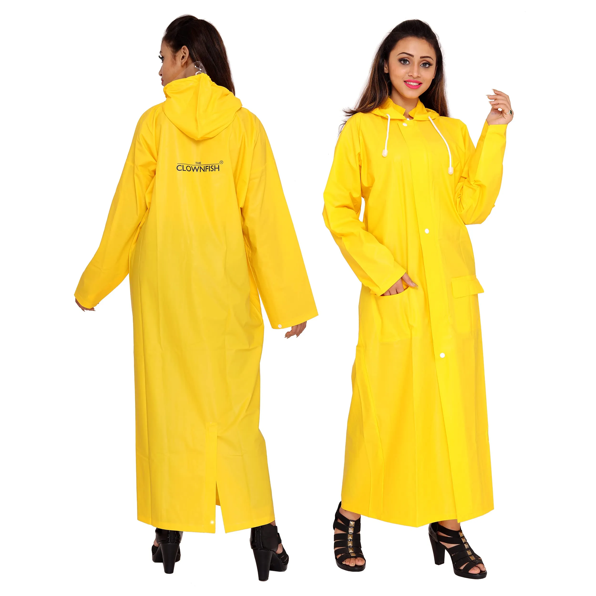 THE CLOWNFISH Indus Series Women's Waterproof PVC Raincoat/Longcoat with Adjustable Hood- With Storage Bag (Yellow, XL)