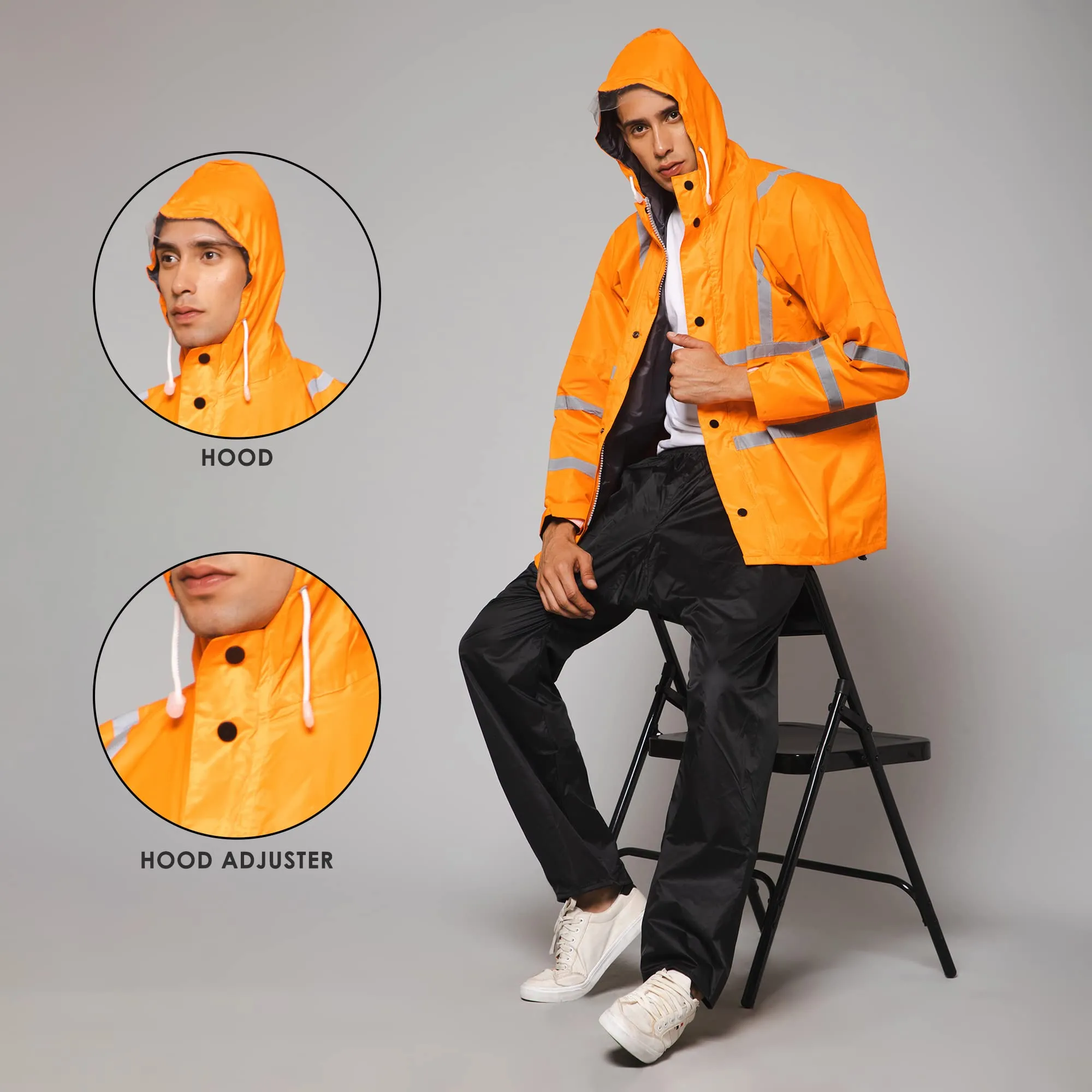 THE CLOWNFISH Leroy Series Rain Coat for Men Waterproof for Bike Raincoat for Men with Hood. Set of Orange Jacket with Black Trouser (X-Large)