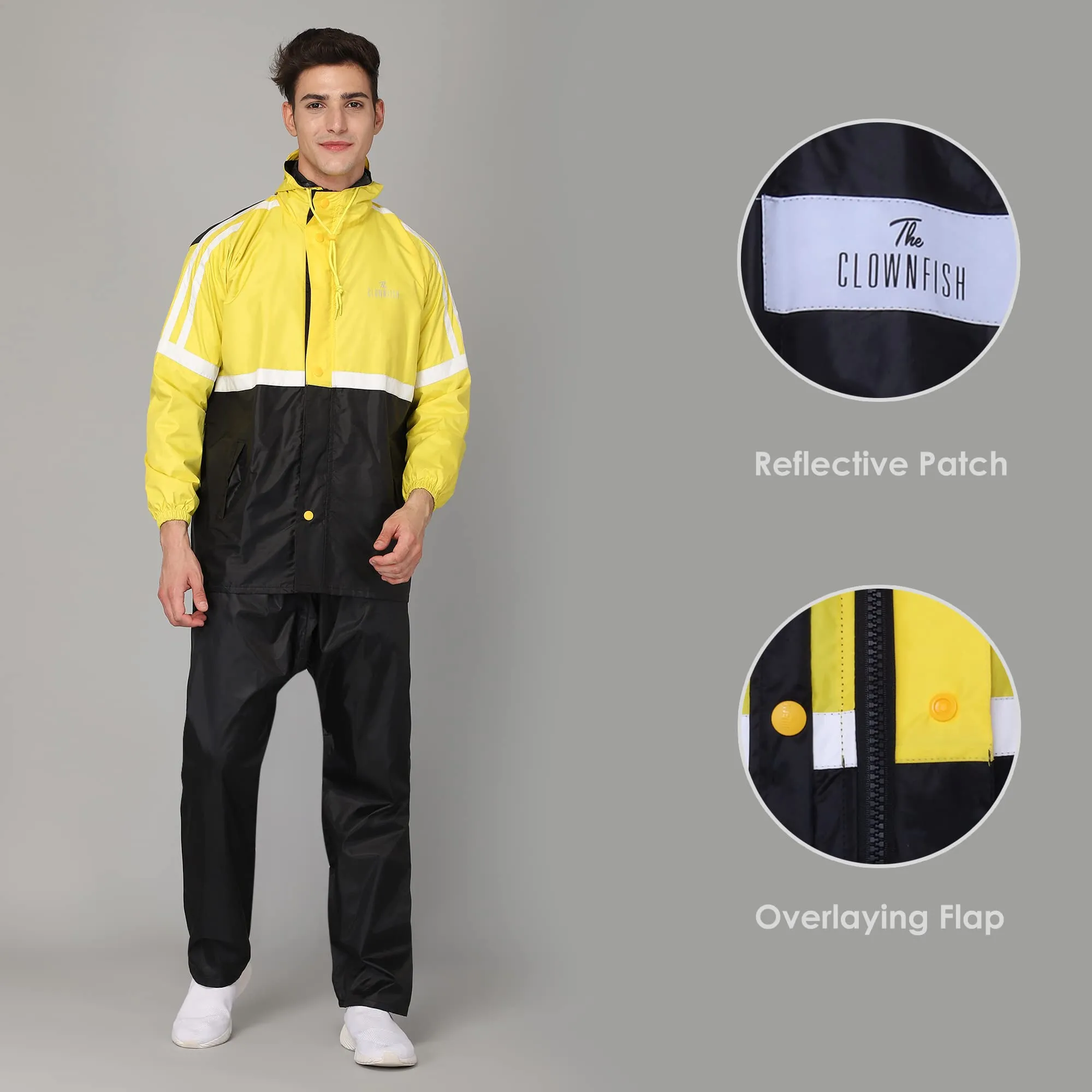 The Clownfish Marcus Men's Waterproof Polyester Double Coating Reversible Raincoat with Hood and Reflector Logo at Back for Night Travelling. Set of Top and Bottom. Printed Plastic Pouch with Rope ( Black, X-Large)