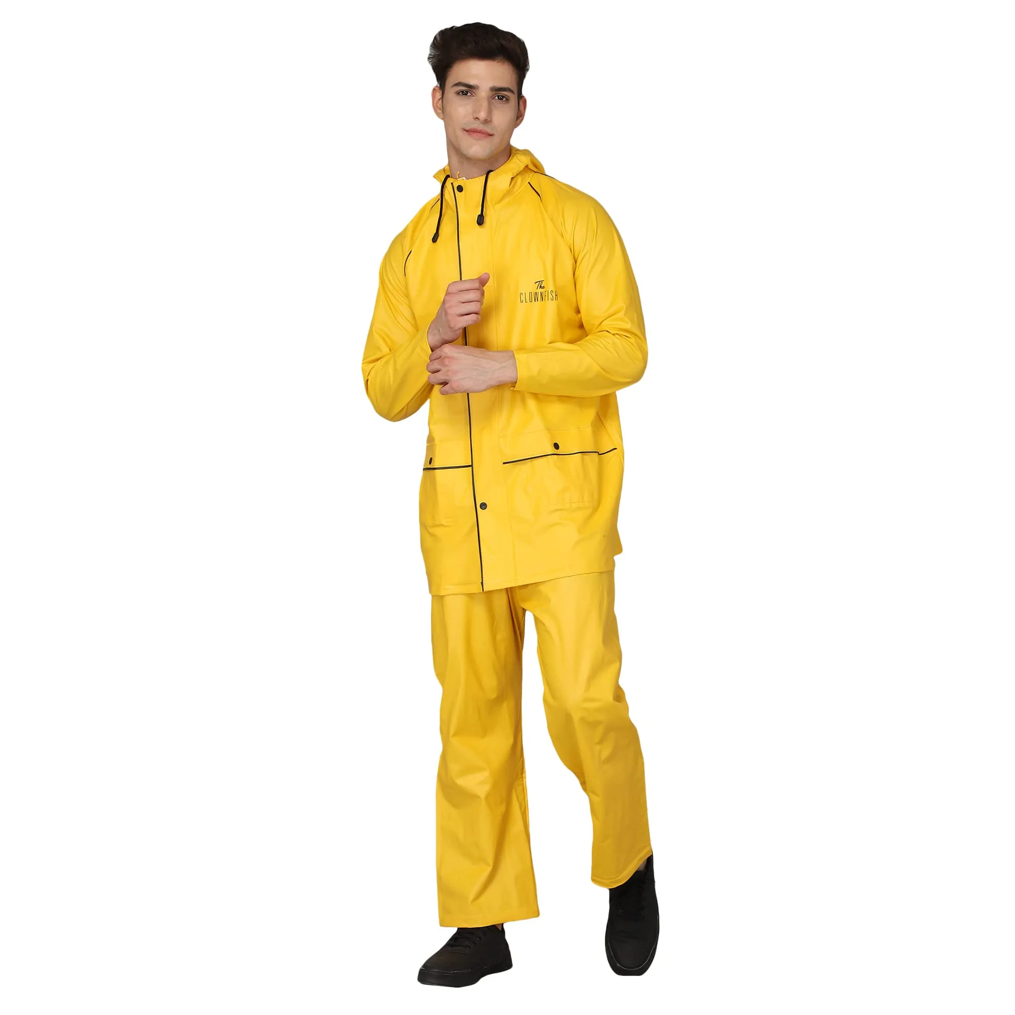 THE CLOWNFISH Oceanic Men's Waterproof PVC Raincoat with Hood and Reflector Logo at Back for Night Travelling. Set of Top and Bottom (Grey, XL)