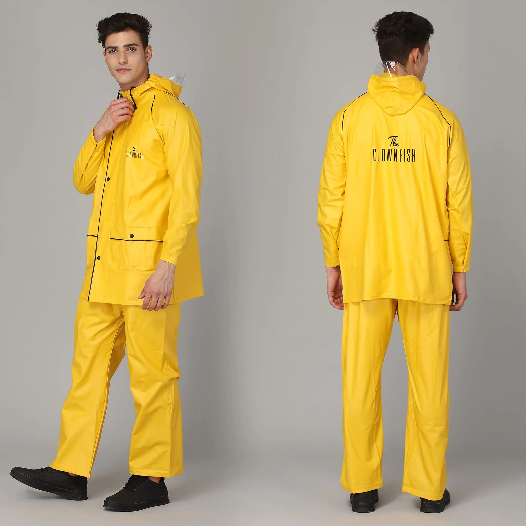 THE CLOWNFISH Oceanic Men's Waterproof PVC Raincoat with Hood and Reflector Logo at Back for Night Travelling. Set of Top and Bottom (Grey, XL)