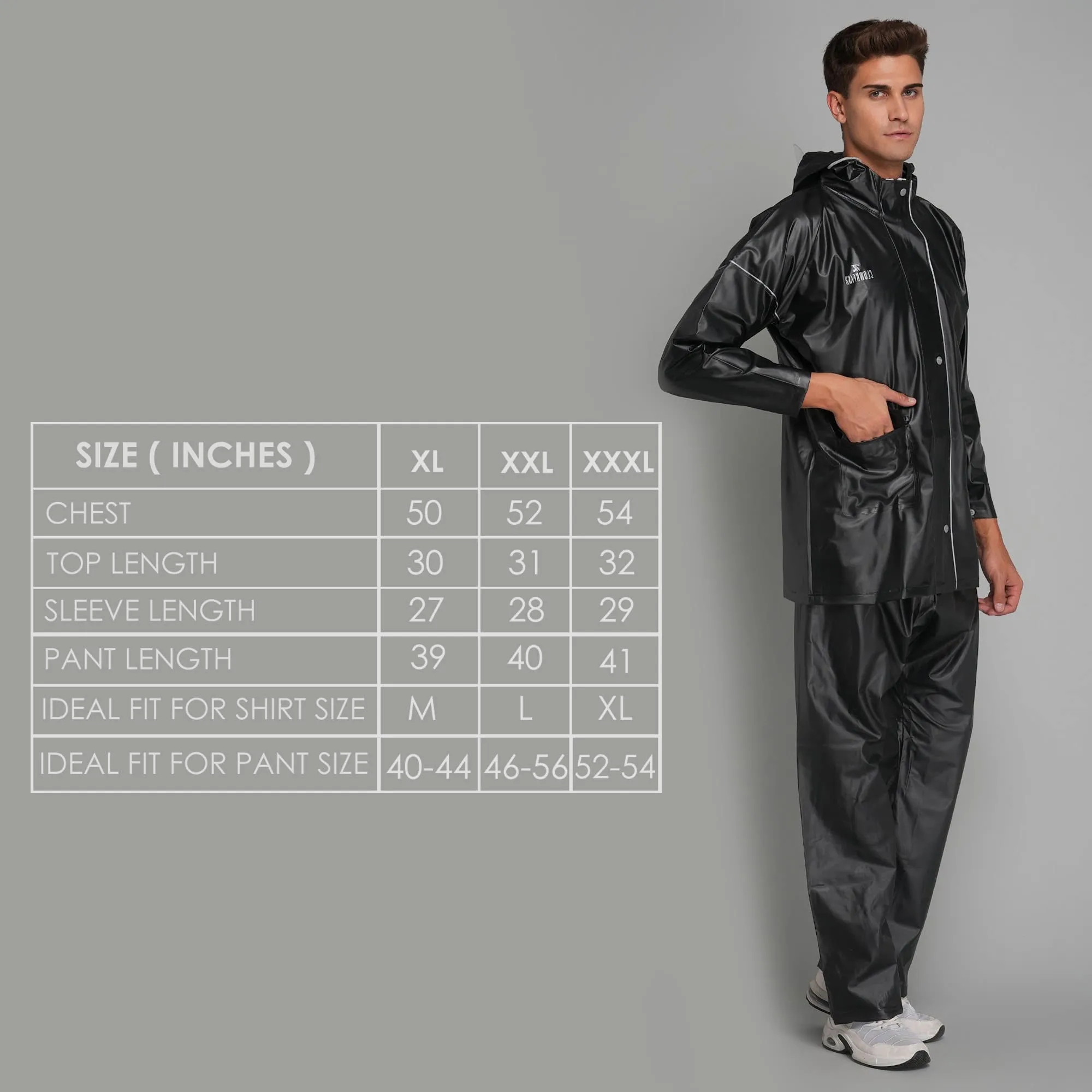 THE CLOWNFISH Oceanic Pro Series Men's Waterproof PVC Raincoat with Hood and Reflector Logo at Back for Night Travelling. Set of Top and Bottom (Black, XL)