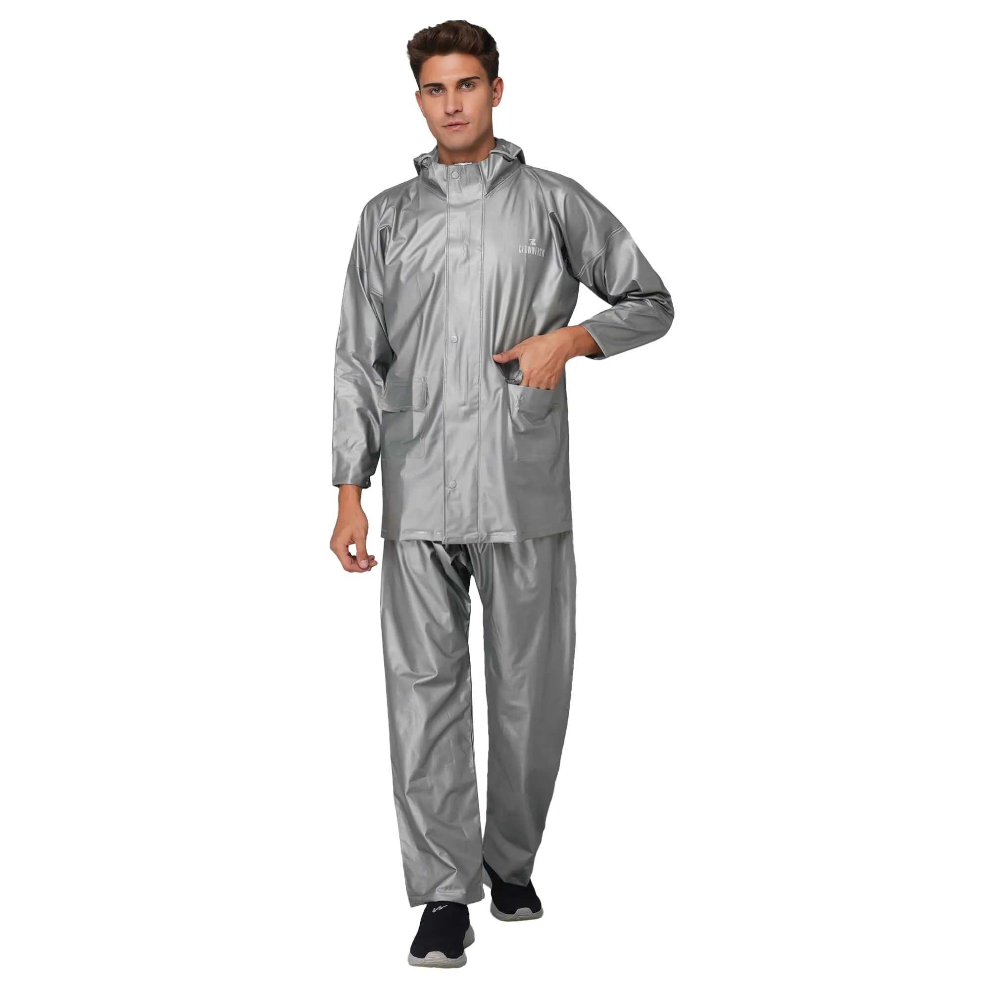 THE CLOWNFISH Oceanic Pro Series Men's Waterproof PVC Raincoat with Hood and Reflector Logo at Back for Night Travelling. Set of Top and Bottom (Grey, XXL)