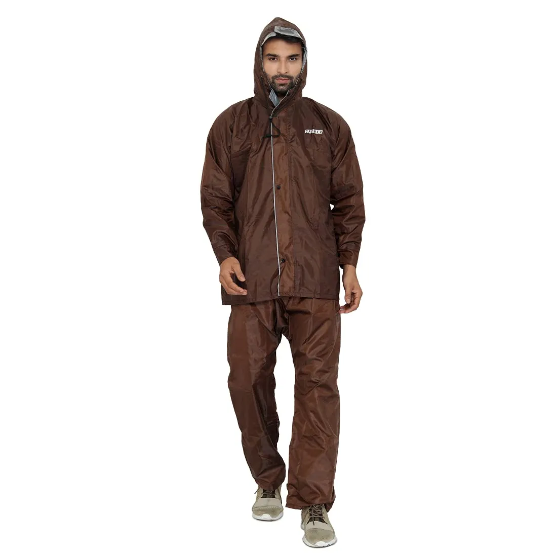 THE CLOWNFISH Opener Series Men's Polyester Double Layer Waterproof Raincoat with Hood and Reflector Logo at Back for Night Travelling. Set of Top and Bottom Packed in a Storage Bag (Brown, XX-Large)