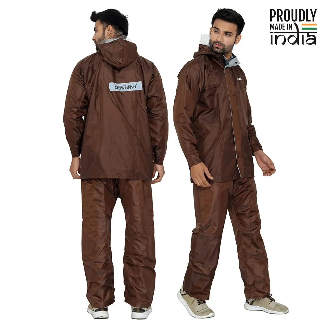 THE CLOWNFISH Opener Series Men's Polyester Double Layer Waterproof Raincoat with Hood and Reflector Logo at Back for Night Travelling. Set of Top and Bottom Packed in a Storage Bag (Brown, XX-Large)