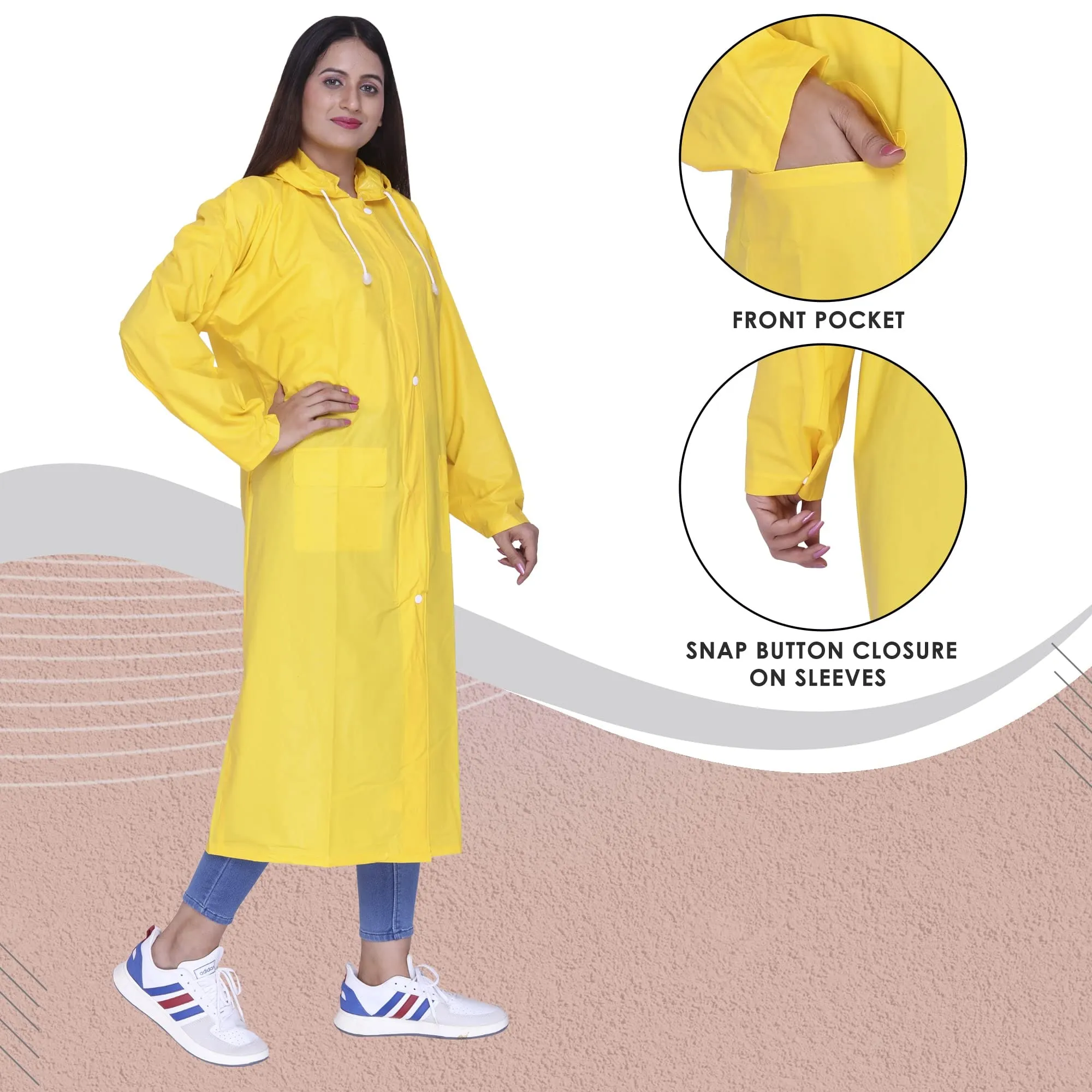 THE CLOWNFISH Polyester Indus Pro Series Women's Waterproof Pvc Raincoat/Longcoat With Adjustable Hood- With Storage Bag (Yellow, Xxl)