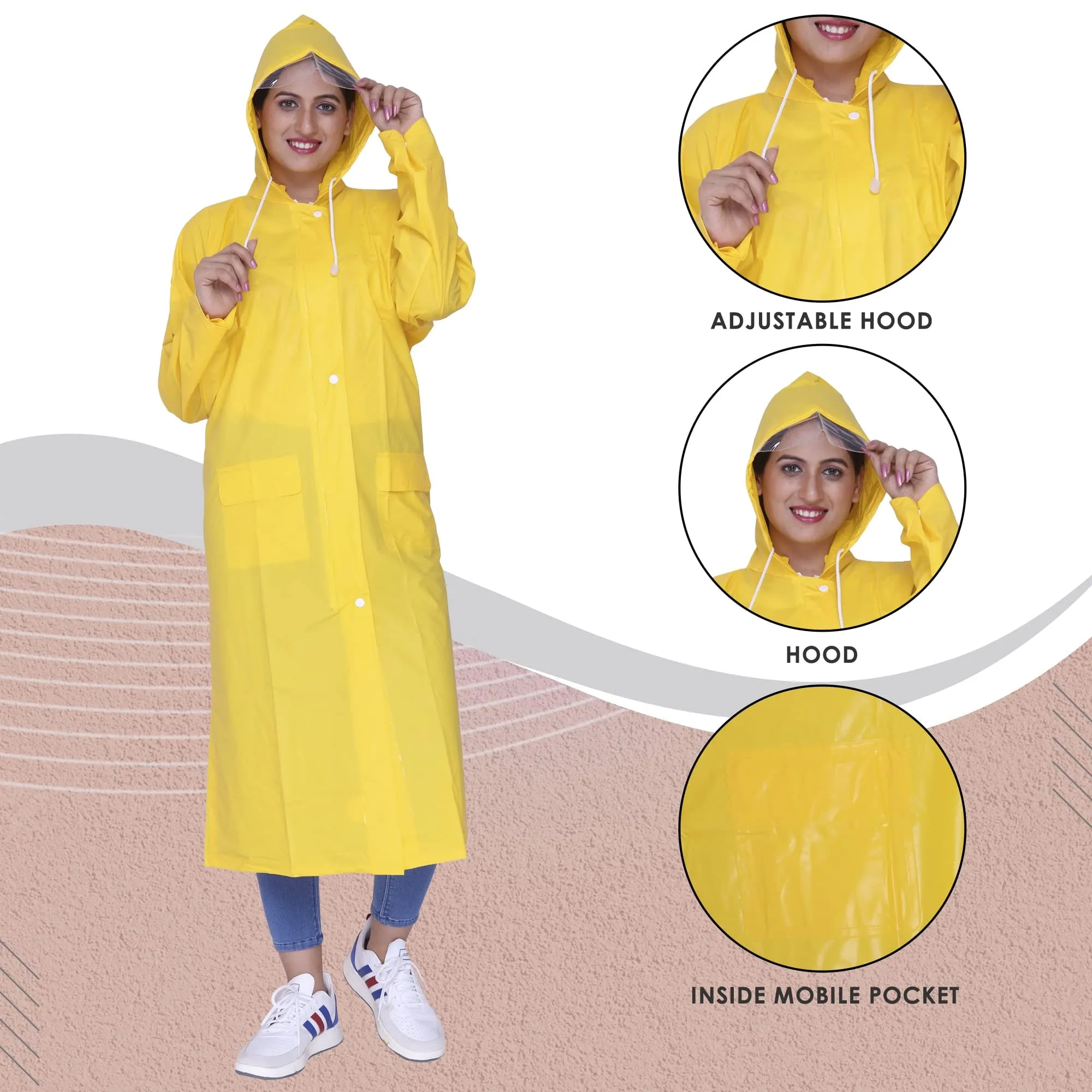 THE CLOWNFISH Polyester Indus Pro Series Women's Waterproof Pvc Raincoat/Longcoat With Adjustable Hood- With Storage Bag (Yellow, Xxl)