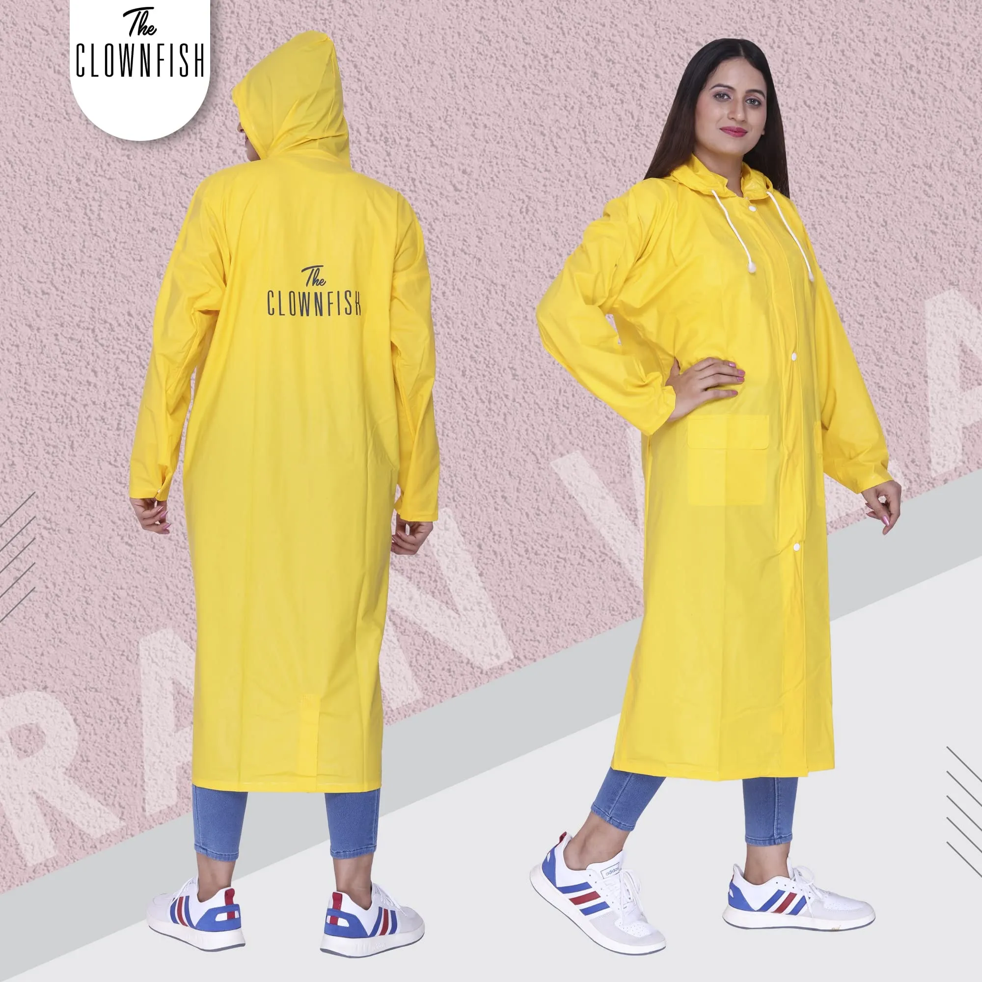 THE CLOWNFISH Polyester Indus Pro Series Women's Waterproof Pvc Raincoat/Longcoat With Adjustable Hood- With Storage Bag (Yellow, Xxl)