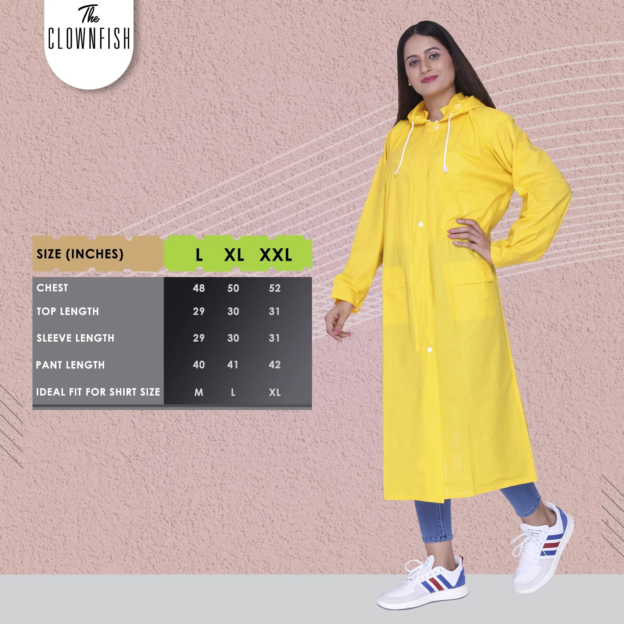 THE CLOWNFISH Polyester Indus Pro Series Women's Waterproof Pvc Raincoat/Longcoat With Adjustable Hood- With Storage Bag (Yellow, Xxl)