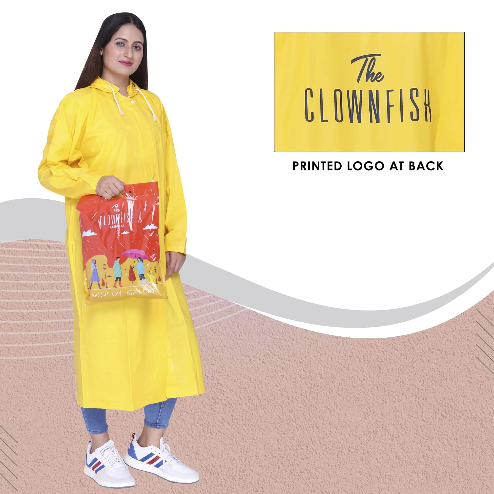 THE CLOWNFISH Polyester Indus Pro Series Women's Waterproof Pvc Raincoat/Longcoat With Adjustable Hood- With Storage Bag (Yellow, Xxl)